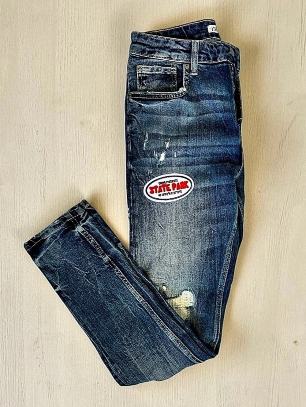 Zara Skinny Distressed Jeans With Patches in Blue Size 30